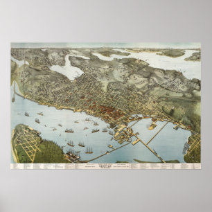 Poster Carte de birdseye de Seattle - 1891 (Koch)