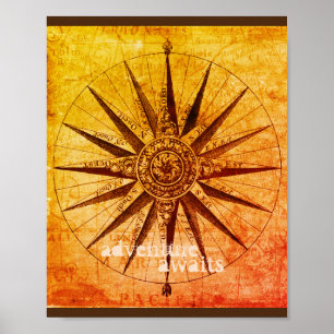 Poster Carte de boussole de style vintage
