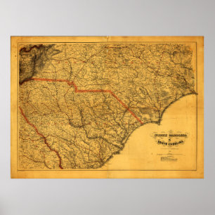 Poster Carte de Caroline du Nord et du Sud (1865)