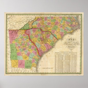 Poster Carte De Caroline Du Nord Et Du Sud Et Géorgie