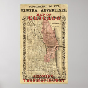 Poster Carte De Chicago Montrant Le District Brûlé