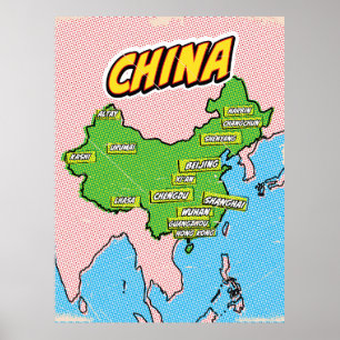 Poster Carte de Chine illustrée par Pop Art