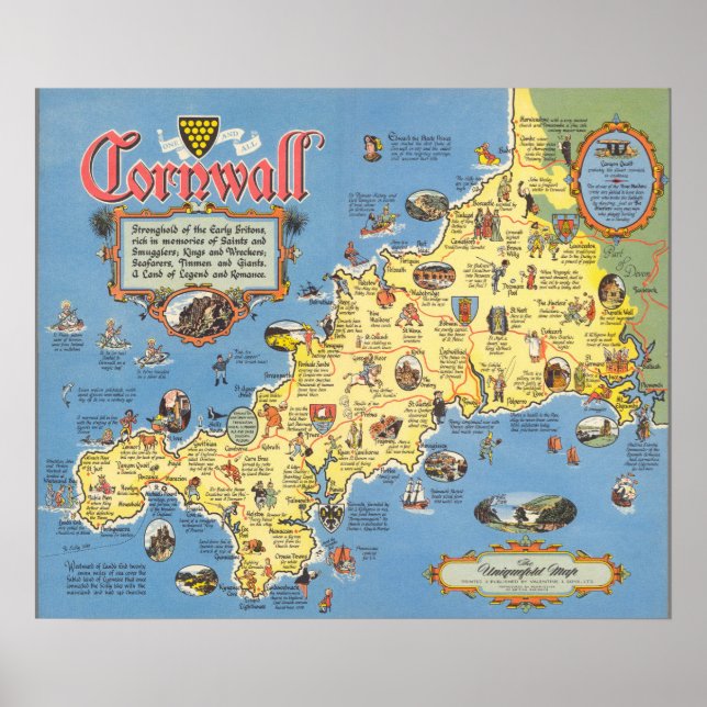 Poster Carte de Cornwall, Angleterre (Devant)
