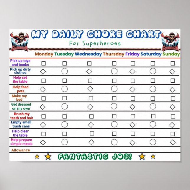 Poster Carte de corvée quotidienne Superhero pour enfants (Devant)