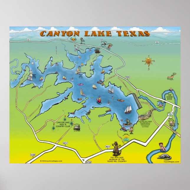 Poster Carte de dessin de Canyon Lake Texas (Devant)