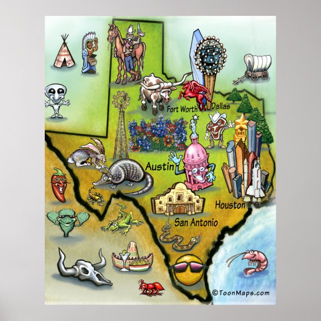 Poster Carte de dessin du Texas (Devant)