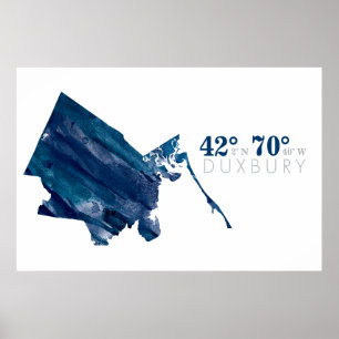 Poster Carte de Duxbury MA à l'aquarelle bleue avec coord
