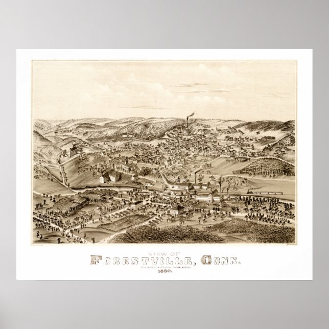 Poster Carte de Forestville, CT de 1880 (Devant)