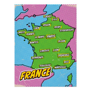 Poster Carte de France illustrée dans le style Pop Art