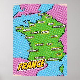 Poster Carte de France illustrée dans le style Pop Art