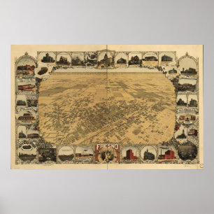 Poster Carte de Fresno, Oiseau-Oeil View, 1901