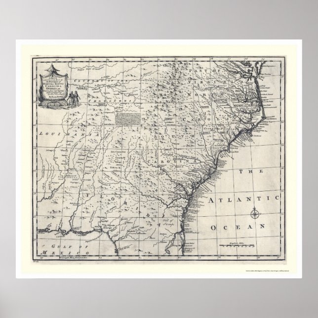 Poster Carte de Géorgie et Carolinas par Bowen 1752 (Devant)