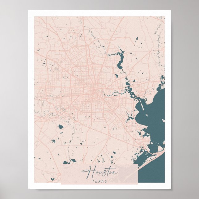 Poster Carte de Houston Texas Pink et Blue Cute Script St (Devant)
