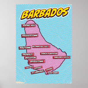 Poster Carte de la Barbade illustrée dans le style Pop Ar