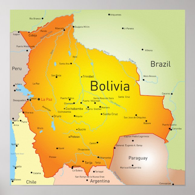 Poster Carte de la Bolivie avec les villes et les frontiè (Devant)