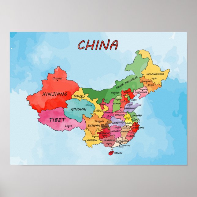 Poster Carte de la Chine aquarelle (Devant)