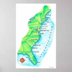 Poster Carte de la côte Est américaine