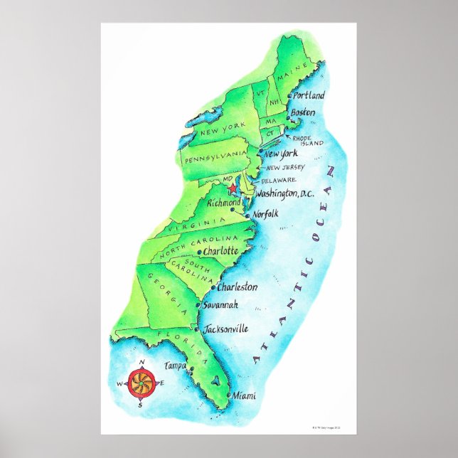 Poster Carte de la côte Est américaine (Devant)