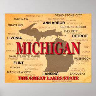 Poster Carte de la fierté d'état du Michigan Silhouette