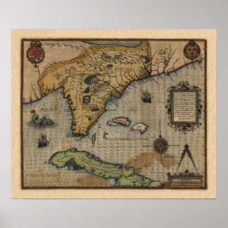 Poster Carte de la Floride et des Caraïbes (1588)
