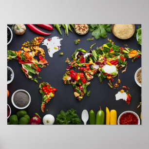 Poster Carte de la gastronomie mondiale : Top View du Mon