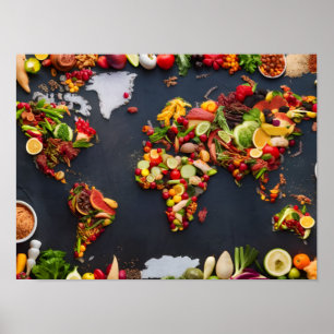 Poster Carte de la gastronomie mondiale : Top View du Mon