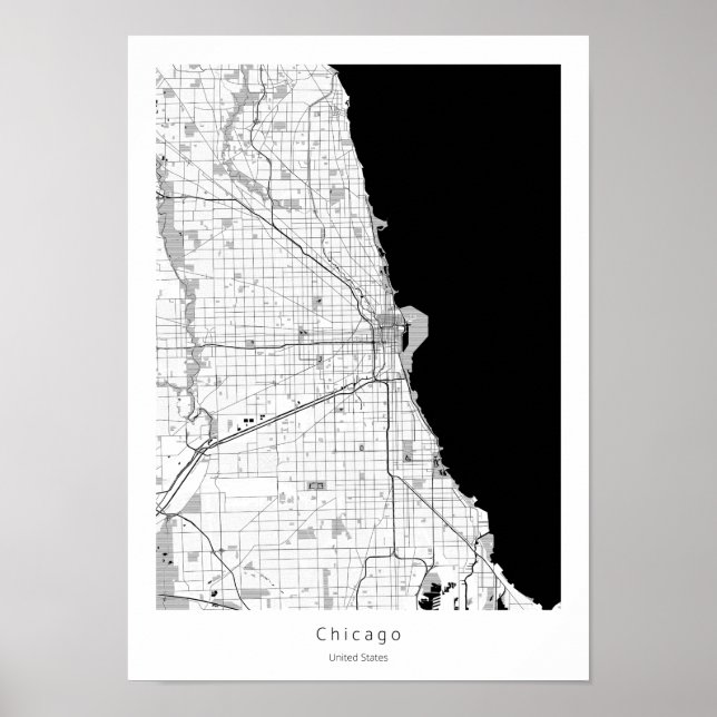 Poster Carte de la ligne noire et blanche de Chicago Mode (Devant)