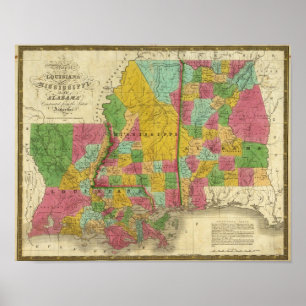 Poster Carte de la Louisiane, du Mississippi et de l'Alab