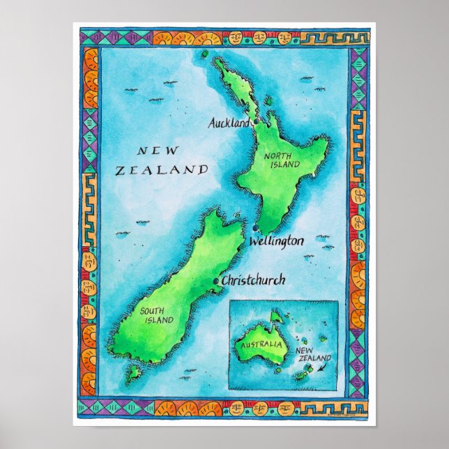 Poster Carte de la Nouvelle-Zélande (Devant)