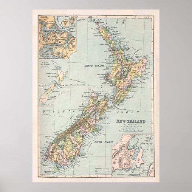 Poster Carte de la Nouvelle-Zélande (1892) Nouvelle-Zélan (Devant)