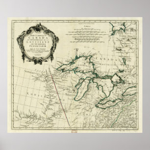 Poster Carte de la région des Grands Lacs, Amérique du No