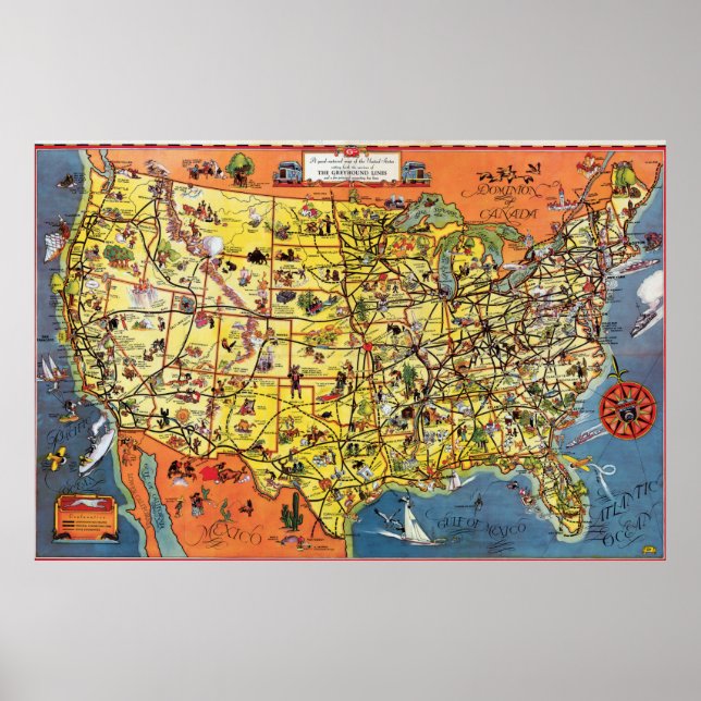 Poster Carte de la route des bus Greyhound 1937 (Devant)