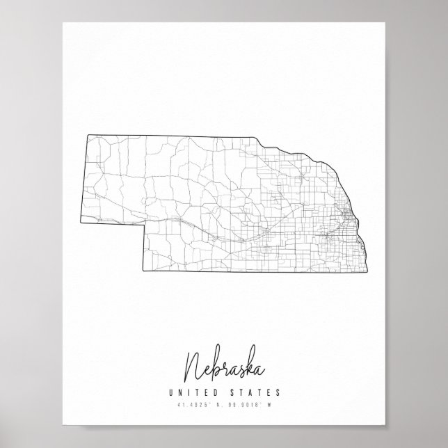 Poster Carte de la rue minimale du Nebraska (Devant)