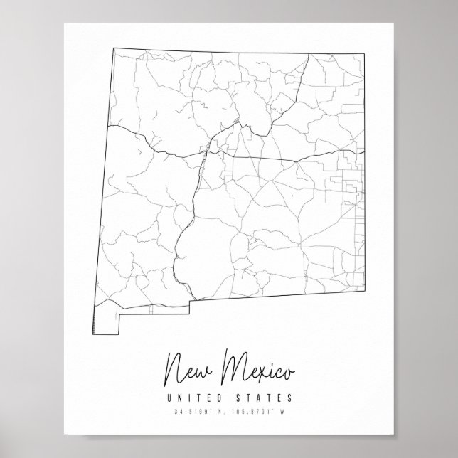 Poster Carte de la rue minimale du Nouveau-Mexique (Devant)
