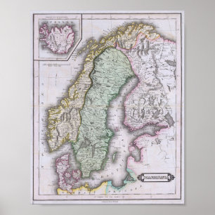 Poster Carte de la Scandinavie, de la Norvège, de la
