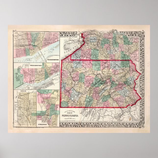 Poster Carte de la vieille Pennsylvanie et des villes div (Devant)