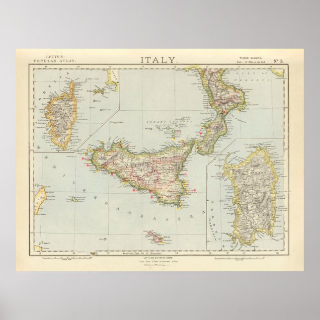 Poster Carte de la vieille Sicile Italie (1883) (Devant)