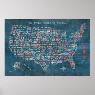 Poster Carte de la ville américaine en bleu bois