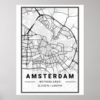 Poster Carte de la ville d'Amsterdam minimaliste noir et