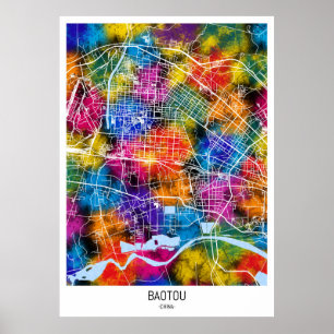 Poster Carte de la ville de Baotou Chine