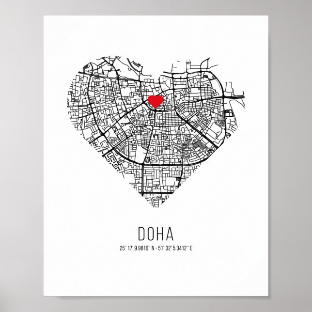 Poster Carte de la ville de Doha au coeur (Qatar) (Devant)