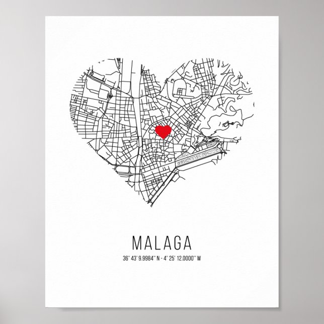 Poster Carte de la ville de Heart Malaga (Espagne) (Devant)