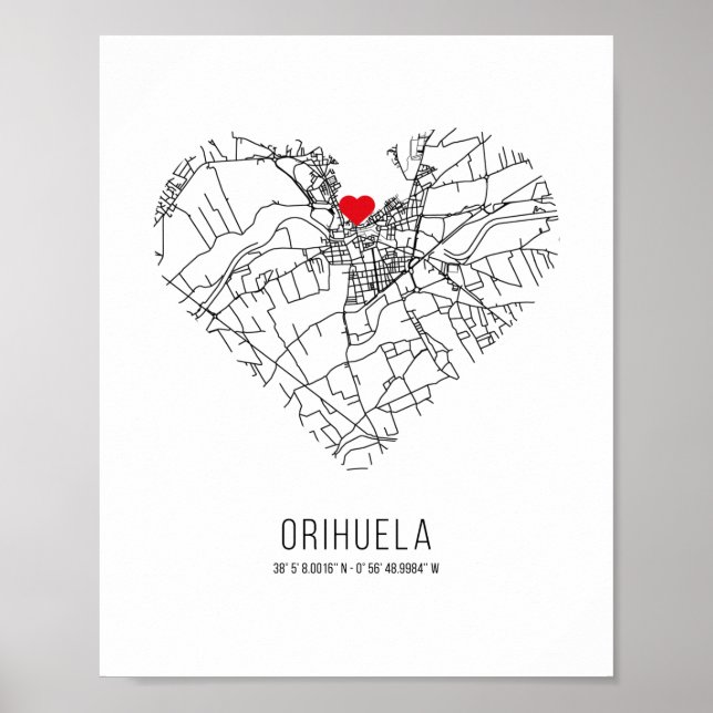 Poster Carte de la ville de Heart Orihuela (Espagne) (Devant)