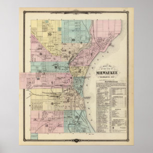 Poster Carte de la ville de Milwaukee, Milwaukee Co