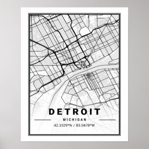 Poster Carte de la ville de voyage de Detroit Michigan US