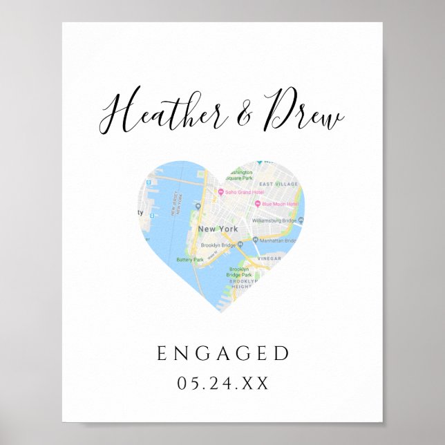 Poster CARTE DE LA VILLE Mariage de coeur Fiançailles cad (Devant)