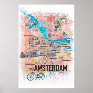 Poster Carte de la ville touristique d'Amsterdam Pays-Bas