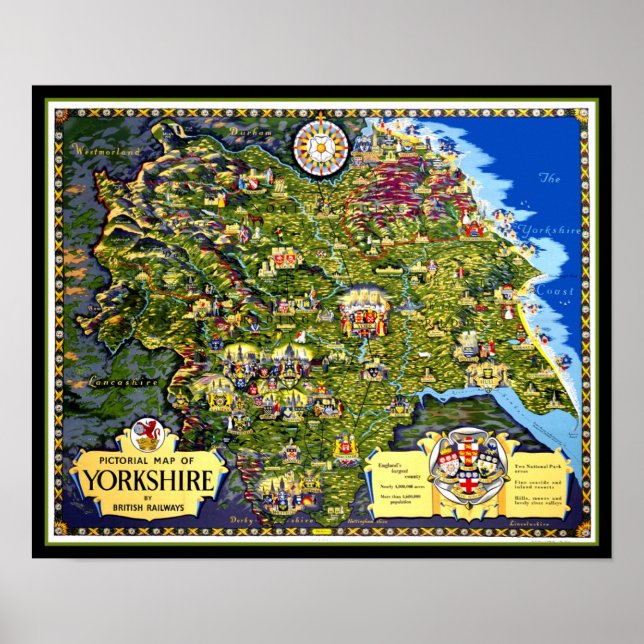 Poster Carte de l'affiche de voyage du Yorkshire (Devant)