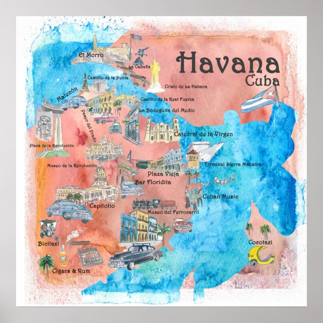 Poster Carte de l'affiche de voyage illustrée Havana Cuba (Devant)
