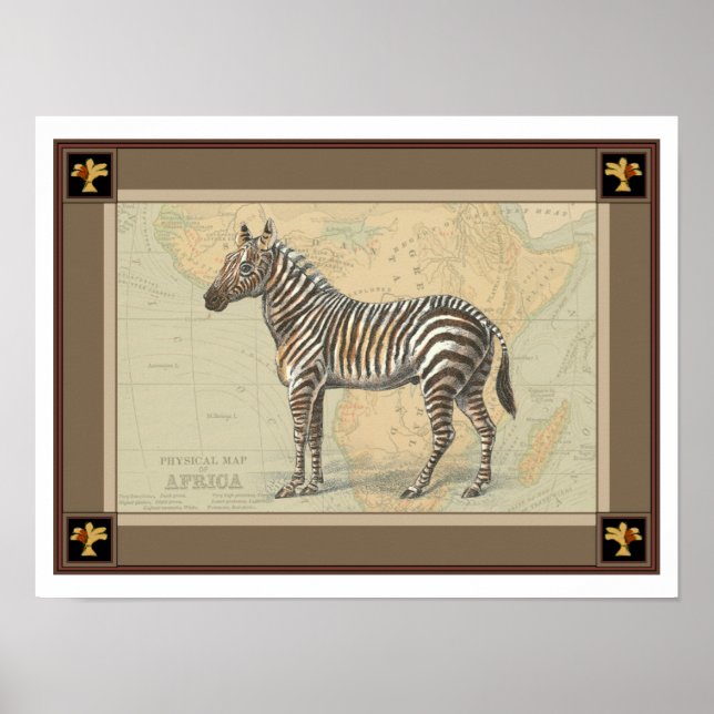 Poster Carte de l'Afrique et un zèbre (Devant)